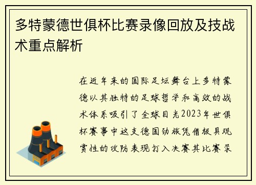 多特蒙德世俱杯比赛录像回放及技战术重点解析