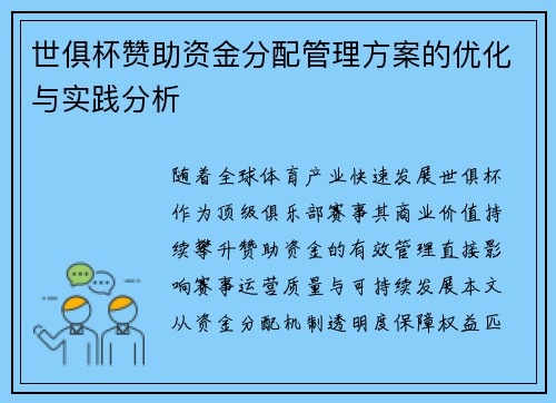 世俱杯赞助资金分配管理方案的优化与实践分析